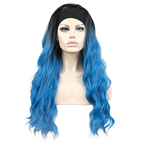 Aimole Long 24" Wavy Wigs 3/4 Women Wig With Headband Black Blue Ombre Synthetic Hair (1+T4330)