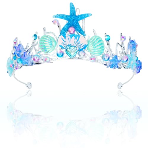 GAFATORY Mermaid Tiara for Women Pearl Mermaid Crown Adult Mermaid Headband Hair Accessories Costume women Mermaid Purple Blue Pink Tiaras Seashell Starfish Fish Tail