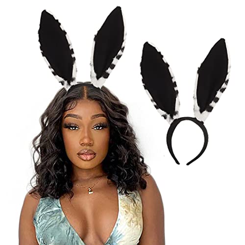 Jerany Plush Bunny Ears Headbands Cute Rabbit Hairbands Cosplay Party Sexy Hair Hoop for Women and Girls (A-Black)