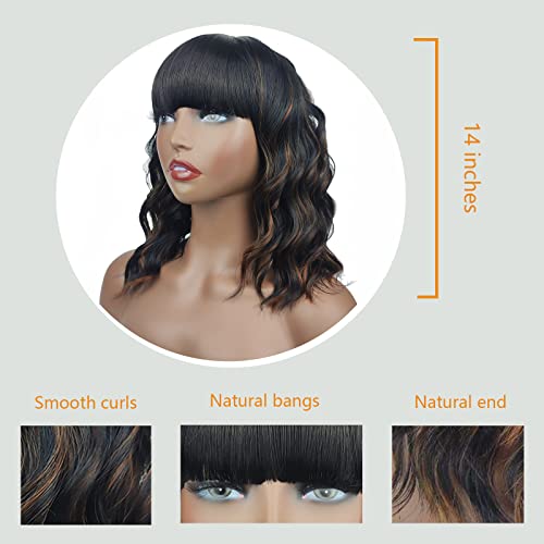 PLEASBELIE Curly Bob Wavy Natural Black Color Wig With Bangs Synthetic Black Hair Wig for Women's Natural Looking and Heat Resistant Full Head Hair Replacement Wig