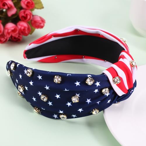 Ardorchid American Flag Knotted Headbands 4th of July Independence Day USA Patriotic Rhinestone Hair Accessories Wide Knotted Headbands for Women Girls Gifts