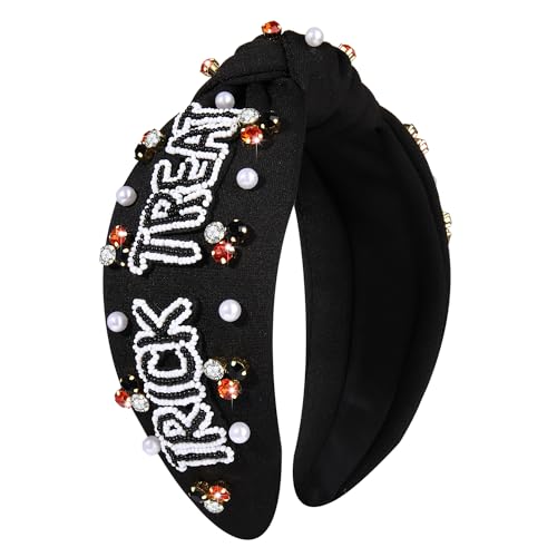 Halloween Pumpkin Ghost TRICK TREAT Headband Pearl Rhinestone Beaded Jeweled Knotted Wide Headband Halloween Makeup Costume