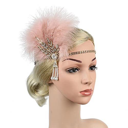 STIOEDYUAN 1920s Flapper Feather Headband Art Decor Gatsby Rhinestone Leaf Medallion imitation Pearl Headpiece Hair Accessories Women (Pink)