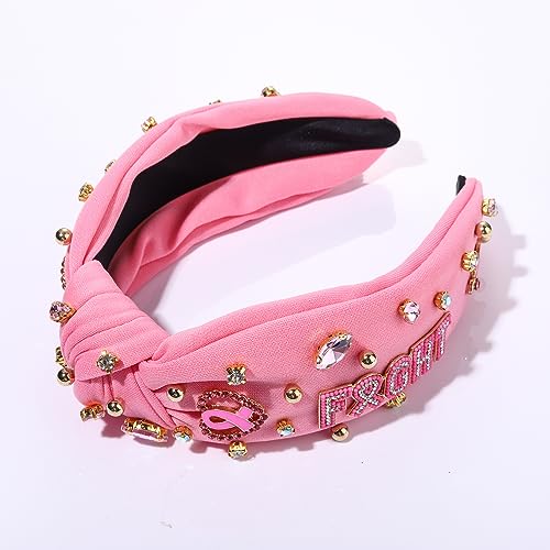 Breast Cancer Awareness Crystal Knotted Headband for Women Pink Ribbon Rhinestone Beads Headband Headpiece Top Knot Twist FIGHT Wide Breast Cancer Awareness Hairband Accessories for Girls (pink ribbon