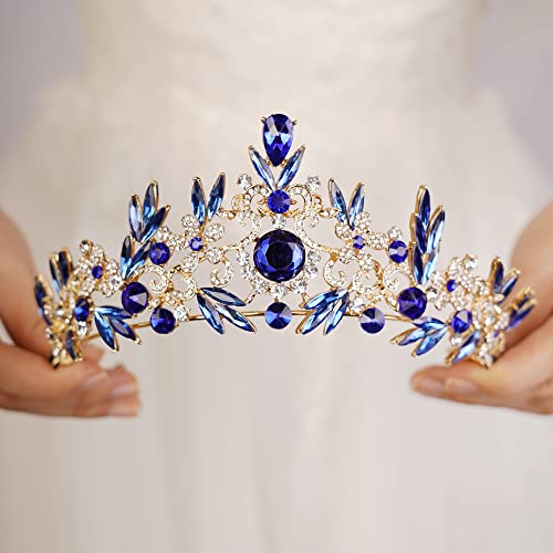 JWICOS Baroque Tiara Crown for Women Leaf Queen Crown Bridal Headpieces for Brides and Bridesmaid Royal Accessories for Birthday Prom Pageant Party Gift (Blue)