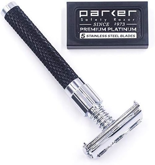 Parker 92R Heavyweight Double Edge Safety Razor - Graphite Gray Long Handle with 5 Premium Blades