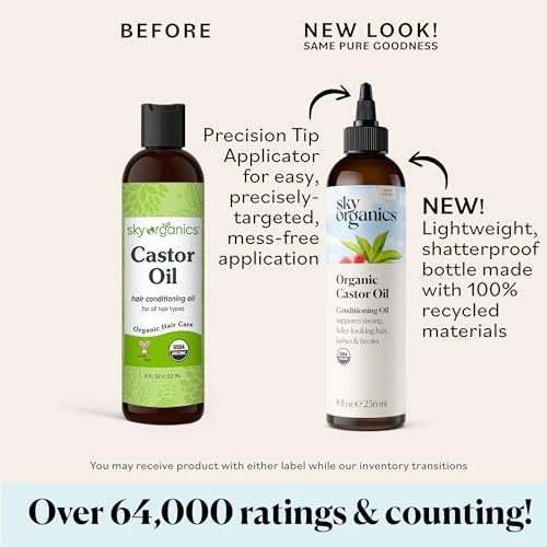 Sky Organics - 8 oz Organic Castor Oil | 100% Pure Cold Pressed Castor Hair Oil for Scalp, Lashes, Brows | Natural Conditioner |Omega Fatty Acids |Vegan Hair Care | 8oz w/Exclusive Ebook