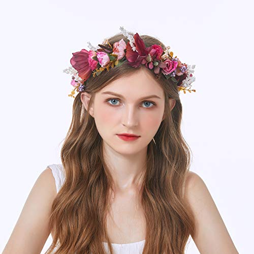 Vivivalue Adjustable Flower Headband Women Floral Crown Hair Wreath Flower Headpiece Halo Boho with Ribbon Wedding Party Festival Photos Maroon