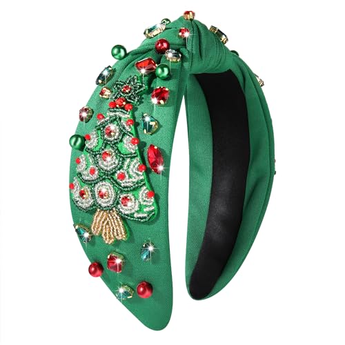 HSWE Christmas Headband for Women Xmas Tree Bow Snowflake Crystal Knotted Headband Rhinestone Embellished Top Knot Hairband