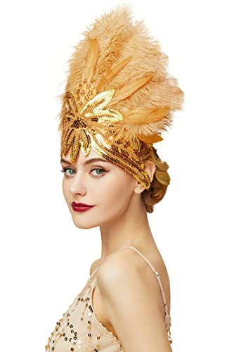 BABEYOND Carnival Feather Headpiece Showgirl Headband Women's Feather Pageant Headband 1920s Flapper Headband (Gold)