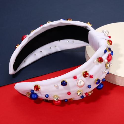 GLBCC USA 4 th of July Pearl Knotted Headband for Women Red White Blue Pearl Rhinestone Jeweled Hairband American Flag Patriotic Independence Day Wide Headband Summer Beach Hair Accessories