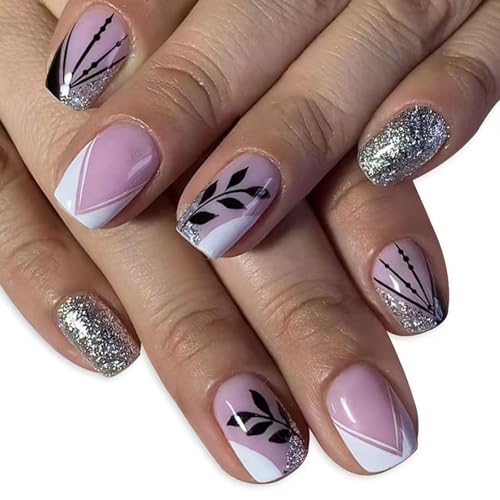 Short Press Square False Nails with Sfumato Designs - Pink Full Cover Glossy Fake Acrylic Artificial Nails - Gold Foil Stick On - 24 Pcs