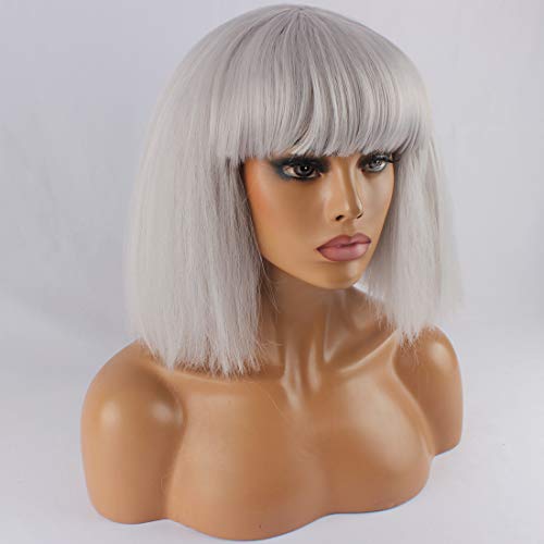 WeKen Women's Fashion Wig Short Bob Kinky Straight Full Bangs Synthetic Gray