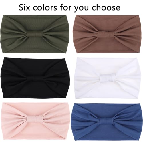 XTREND Wide Headbands Knotted Head Wraps Non Slip Stretch Headband Women's Hair Thin Headbands Turban Sports Hairband Girls Head Bands Accessories 6 Pcs（Army Green, Coffee, Black, White, Pink, Blue）