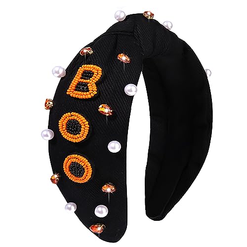 NVENF Halloween Headband Accessories for Women Crystal Pearl Knotted Headband Embellished Beaded Pumpkin Candy Corn Boo Headbands Rhinestone Jeweled Wide Top Knot Headband Costume Party Favors (BOO)