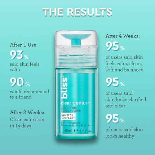 Bliss Clear Genius Clarifying Toner + Serum - 4.3 Fl Oz - Purifies Pores, Tones, Calms & Clears Skin - Salicylic Acid, Niacinamide & Witch Hazel - Clean Paraben Free - Vegan & Cruelty-Free
