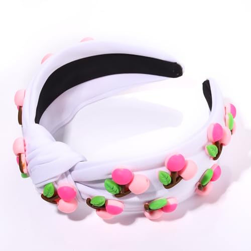 VOGUEKNOCK Fruit Headbands for Women Girls Tropical Cherry Knotted Headband Summer Beach Headwear Hair Accessories (Cherry-White)