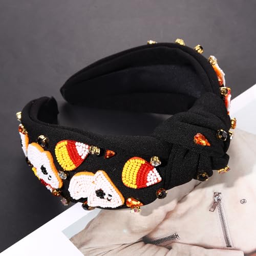 NVENF Halloween Headband Accessories for Women Crystal Pearl Knotted Headband Embellished Beaded Pumpkin Candy Corn Boo Headbands Rhinestone Jeweled Top Knot Headband Costume Party Favors (Ghost 3)