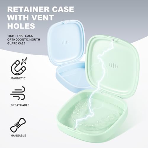 Annhua Retainer Holder Slim Mouth Guard Case with Magnetic Closure-Partial Denture Case with Vent Holes-3.34" x 3.34" x 0.98" Retainer Container Case with Silicone Lanyard for Travel-Blue