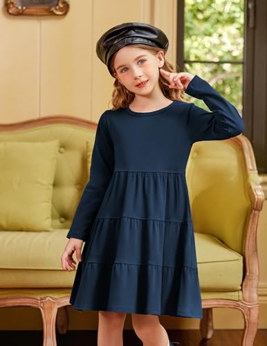 Arshiner Girls' Super Soft Cotton Long Sleeve Tiered Dress, Dark Blue, 120(Age for 5-6Y)