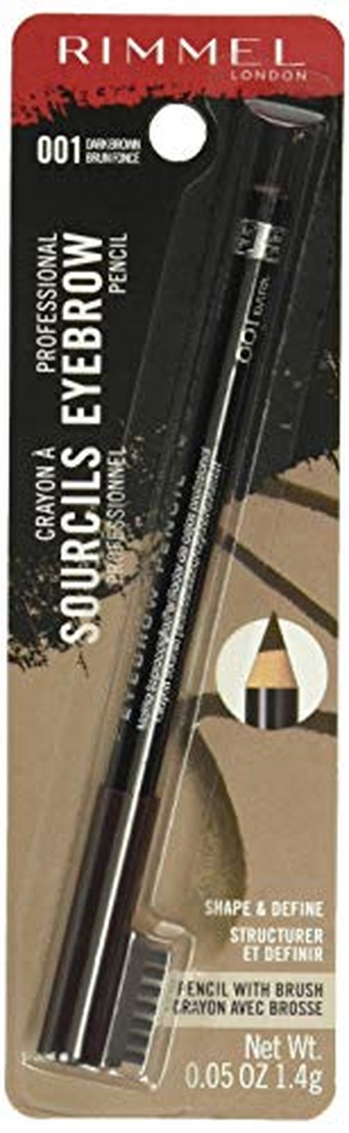Rimmel London Brow This Way Professional Eyebrow Pencil, Long-Wearing, Highly-Pigmented, Built-In Brush, 001, Dark Brown, 0.05oz