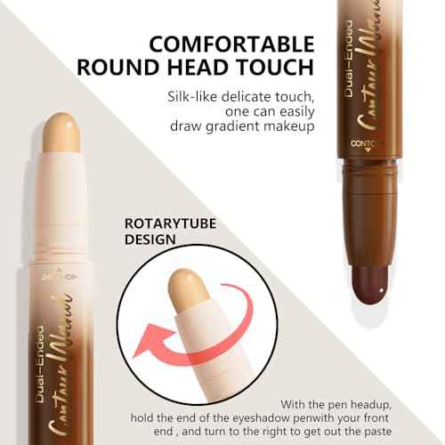 Nude Brown + Nude Contour Stick Dual Ended Face Body Makeup Waterproof no Transfer, 2 in 1 Cream Concealer Stick Contouring Makeup Kit, Nose Contour Bronzer Sticks Face Highlighter Make up
