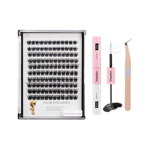 Vayator Mixed Size Kit with Applicator and Lash Bond & Seal 8-14mm/10-16mm/14-20mm Mix D Curl/DD Curl Makeup Cluster Grafting Eyelashes Individual Extension (WM009#10-12-14-16mm Mixed)