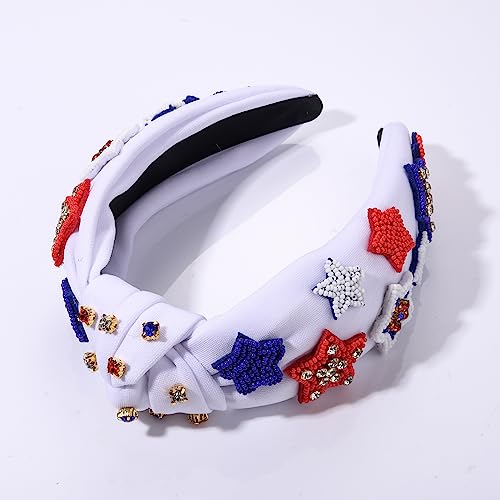 GLBCC 4th of July Knot Headband for Women Red White Blue Star Hairband Pearl Rhinestone Stars Beaded USA Patriotic Knotted Head Band Headpiece Hair Accessories (patriotic headband A)