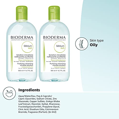 Bioderma Sébium H2O Micellar Water, Duo Pack Cleansing and Makeup Removing Gentle Face Cleanser for Combination to Oily Skin, 33.4 Fl Oz