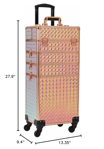 CHANNCASE 4 in 1 Portable Traveling Aluminum Professional Makeup Trolley Cart with Multiple-Sized Compartments and Wheels (Golden diamond)