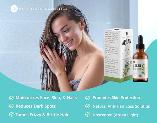 Kate Blanc Cosmetics Argan Oil for Hair, Face & Skin from Morocco. Promotes Hair Growth (2oz, USDA Certified Organic, Cold Pressed & 100% Pure, Light)