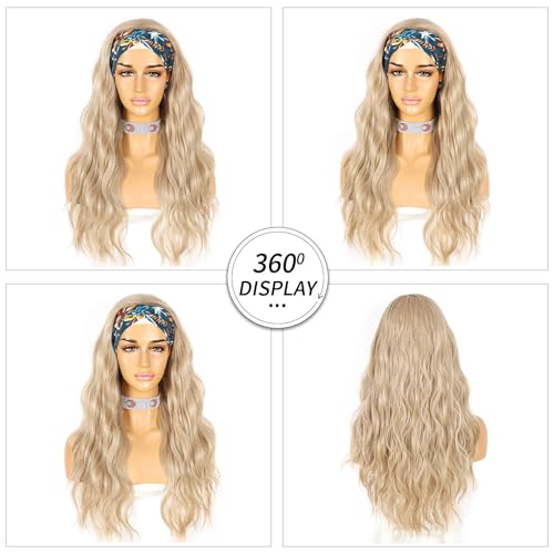 SAPPHIREWIGS Headband Wig Long Wavy Wigs for Women Highlight Blue Wig Glueless Synthetic Wigs 26 Inch Headwrap Wigs with Headband Attached