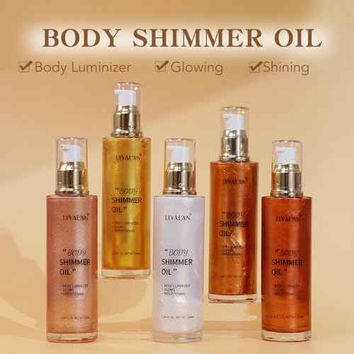Liyalan Shimmer Body Oil 5 Color Gold 3.38 Fl Oz Face Glow Pearl Highlighter Illuminator Body Makeup Shine Glitter Gold Liquid Taning