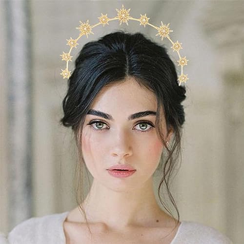 Fashey Rhinestone Halo Crown Headband Layered Gold Star Crown Headbands Goddess Halo Crown Costume Boho Bridal Wedding Party Headpiece for Women and Girls (Gold)