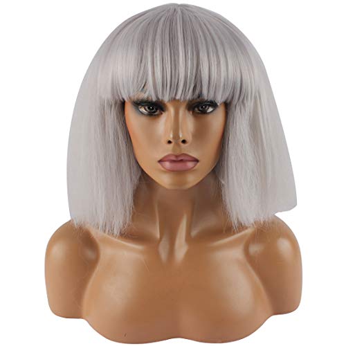 WeKen Women's Fashion Wig Short Bob Kinky Straight Full Bangs Synthetic Gray