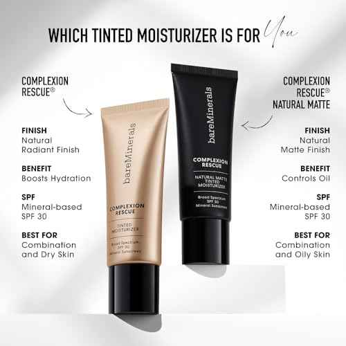 bareMinerals Complexion Rescue Tinted Moisturizer for Face with SPF 30, Hydrating Vegan Tinted Mineral Sunscreen with Hyaluronic Acid, Sheer-to-Light Coverage for Dewy, Healthy-Looking Skin