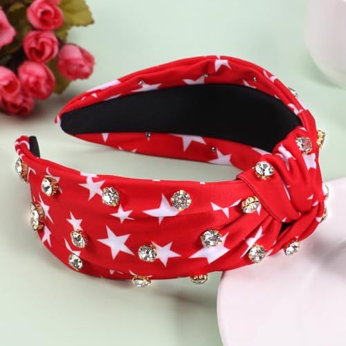 Ardorchid 4th of July Headbands for Women Girls America Independence Day Patriotic Headbands Rhinestone Knotted Wide USA Red Star Hair Accessories Celebration Party Headwraps