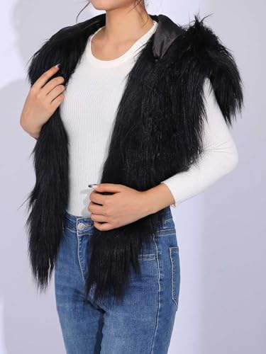 GORAIS Women Hooded Faux Fur Collar Fur Shoulder Wrap Cosplay Costume Fur Cape for Halloween Outfit Black