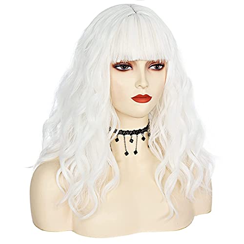 JoneTing White wig +(Wig Cap) with Bangs Cosplay Costume Synthetic Short Natural Wavy Wigs for Women Halloween Christmas Costume Party Wig