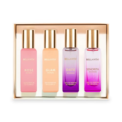 Bella Vita Luxury Eau De Parfum Set for Women (4x20 mL) with Date, Senorita, Glam, Rose | Vanilla, Floral, Sweet, Musk | Perfect for trials, gifting, or blending to craft your unique fragrance