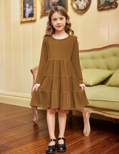 Arshiner Girls Long Sleeve Dress Fall Cotton Crewneck Tiered Ruffle Swing Solid Casual Midi Dresses Dark Green 6 Years