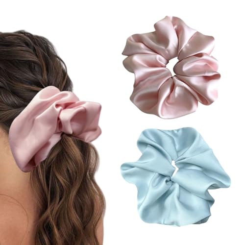 2 Pieces Jumbo Satin Silk Scrunchies for Women 7.5 Inches Large Oversize Scrunchies For Thick Hair Ties Hair Ornament (2 Black)