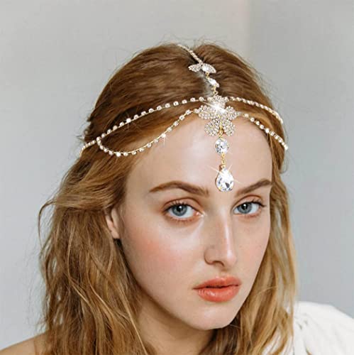 Aularso Layered Head Jewelry Forehead Wedding Hair Chain Rhinestone Headpiece Bridal Halloween Headband for Women and Girls (Gold)