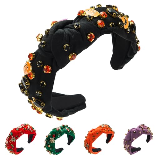 Winmany Halloween Rhinestone Headband Crystal Knotted Beaded Jeweled Headbands for Women Ghosts Pumpkin Charm Candy Corn Top Hairband Halloween Costume Hair Accessories (Black)