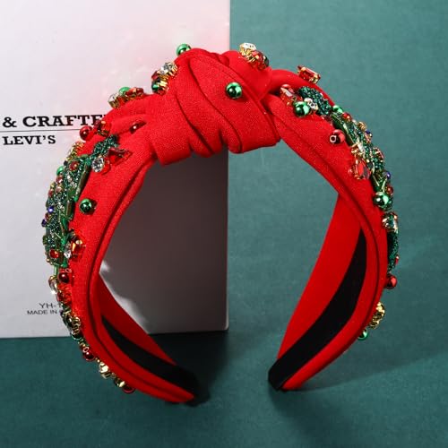 Christmas Headband for Women Beaded Christmas Tree Reindeer Snowflake Headband Jeweled Rhinestone Pearl Knotted Headband Christmas Holiday Hair Accessories Outfit Party Favors (Xmas Tree 1 - Red)