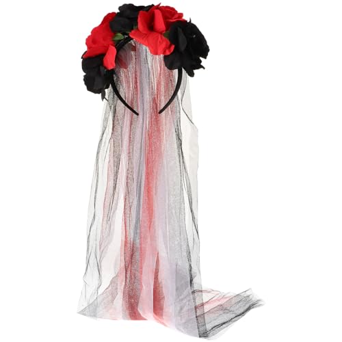 minkissy Halloween Ghost Festival Party Hair Accessories Black Rose Headband with Veil Halloween Flower Cosplay Wedding Headpiece Black Costume Veil Europe Gothic Polyester Cloth Women's