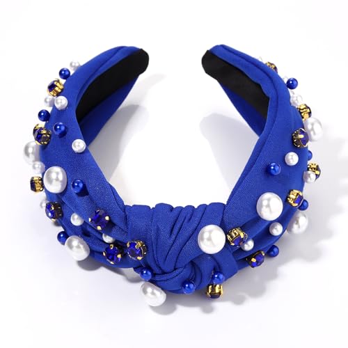 GLBCC Pearl Knotted Headband, Blue, Football Game Day Hairband with Rhinestone Embellishment, Wide Headband for Women, Sports Hair Accessories, Fashion Ladies Headband, One Size Fits All