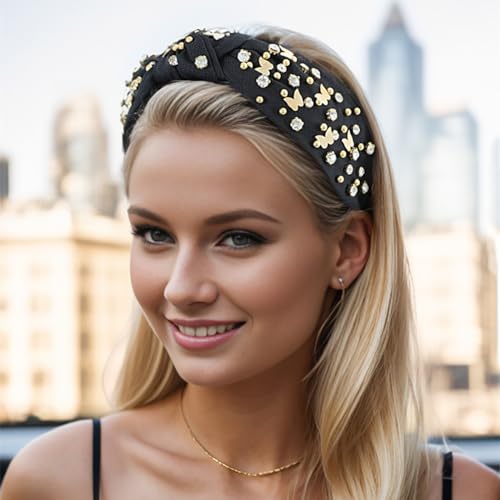 Gmmidea Halloween Pumpkin Headband for Women Beaded Top Knot Headband Black Orange Rhinestone Jeweled Headbands for Girls Adult Halloween Headpiece Hair Accessories Outfits