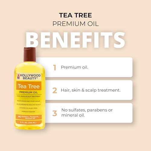 Hollywood Beauty Tea Tree Oil for Hair, Scalp, and Skin, 8 fl oz - Moisturizes Dry, Itchy Scalp, Fungus Fighter, Blended with Vitamin E & Aloe