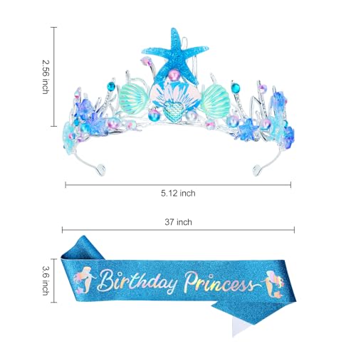 GAFATORY Blue Mermaid Crown and Sash for Women Birthday Crown and Sash for Birthday Princess Mermaid Adult Crown Ocean Theme Mermaid Birthday Decoration Seashell Fishtail Crown Halloween